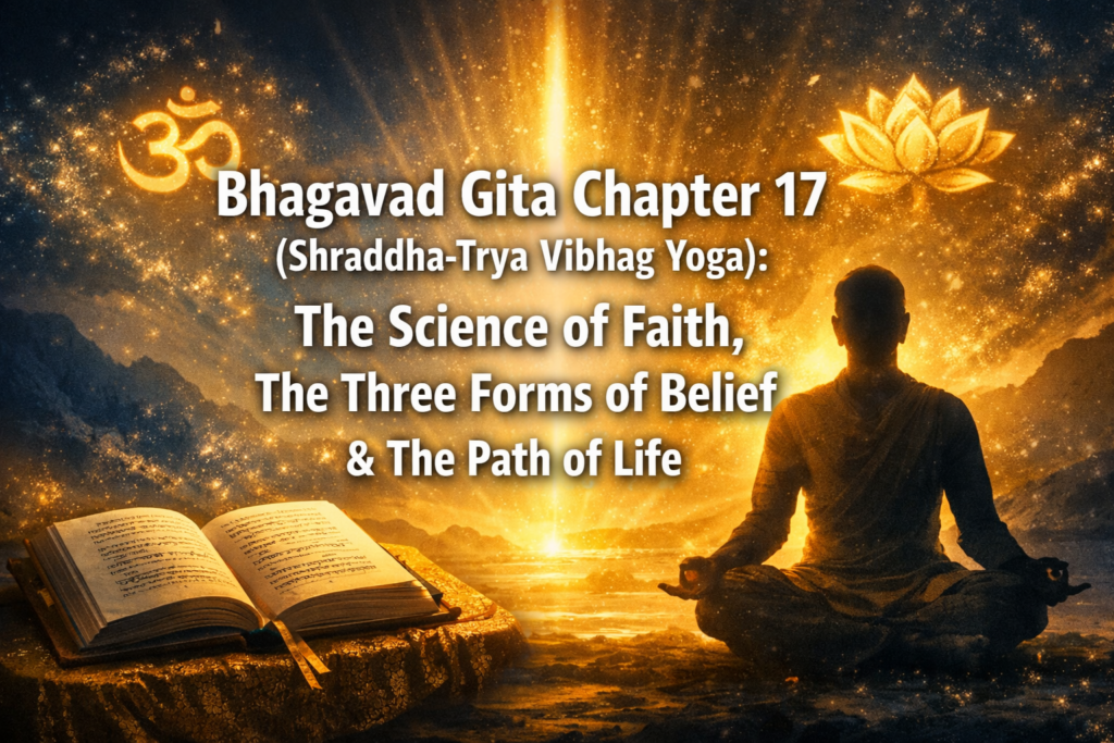 A person meditating beside an open book, with glowing Om and lotus symbols, and text about Bhagavad Gita Chapter 17 and the science of faith.