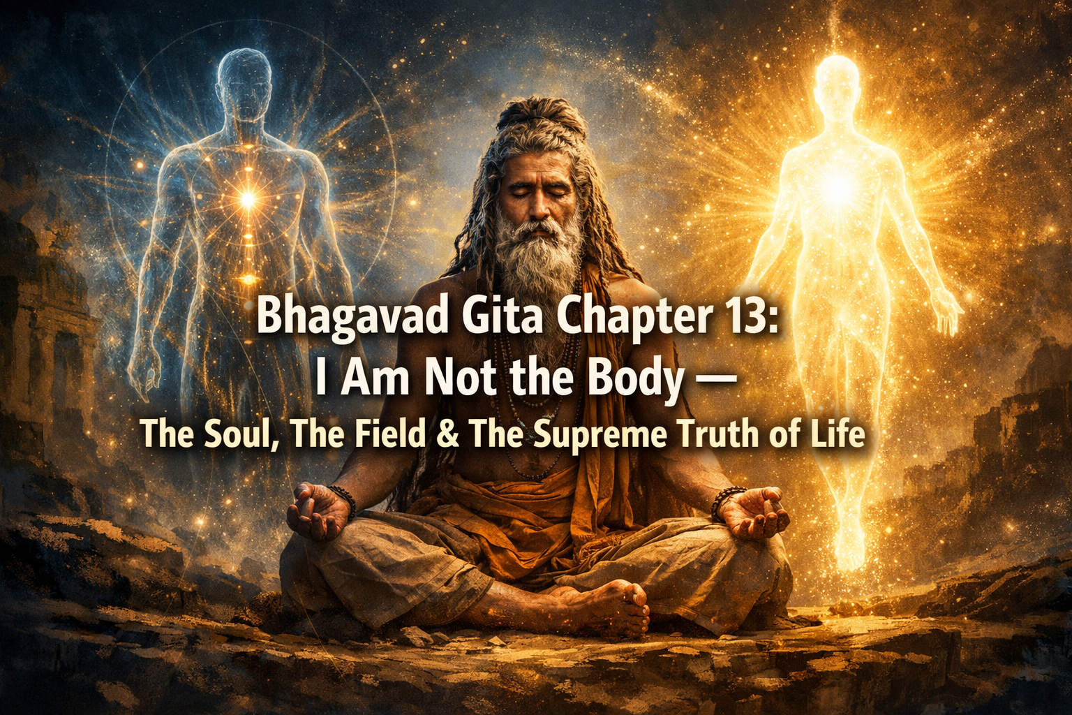 An elderly man meditates cross-legged, flanked by glowing ethereal human figures, with the text: "Bhagavad Gita Chapter 13: I Am Not the Body — The Soul, The Field & The Supreme Truth of Life.