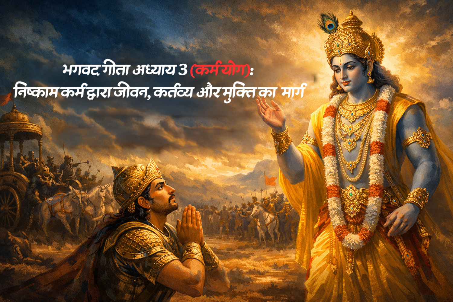 Illustration of Lord Krishna guiding Arjuna on a battlefield, with Hindi text about Bhagavad Gita Chapter 3 (Karma Yoga) and the path of duty and liberation through action.