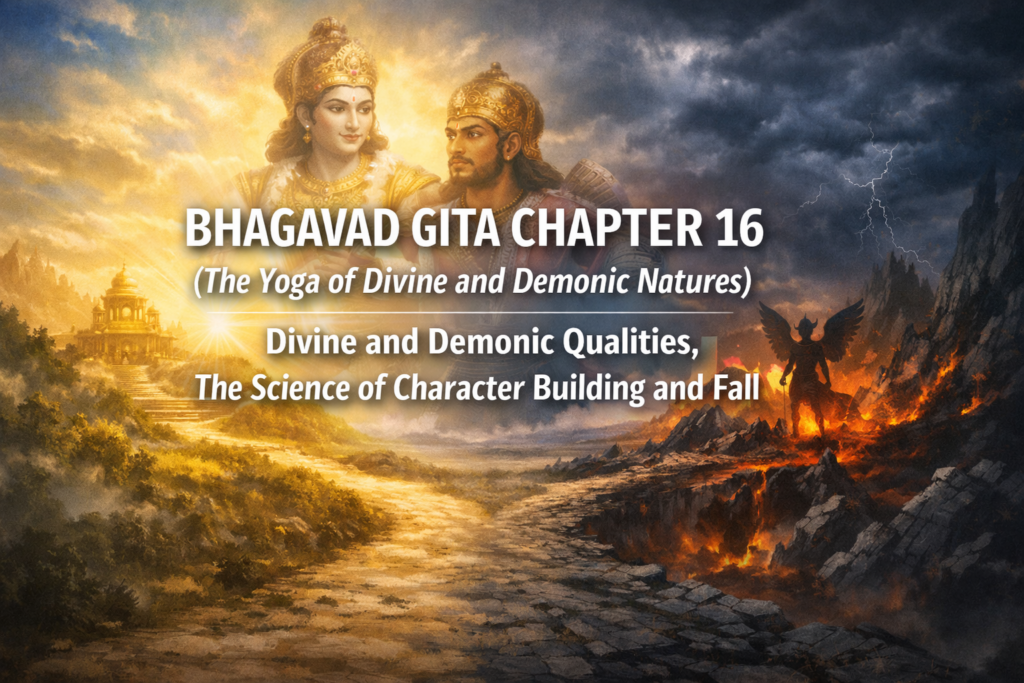 A digital artwork with divine figures on the left and a dark, fiery landscape with a winged demon on the right, titled “Bhagavad Gita Chapter 16: Divine and Demonic Natures.”.