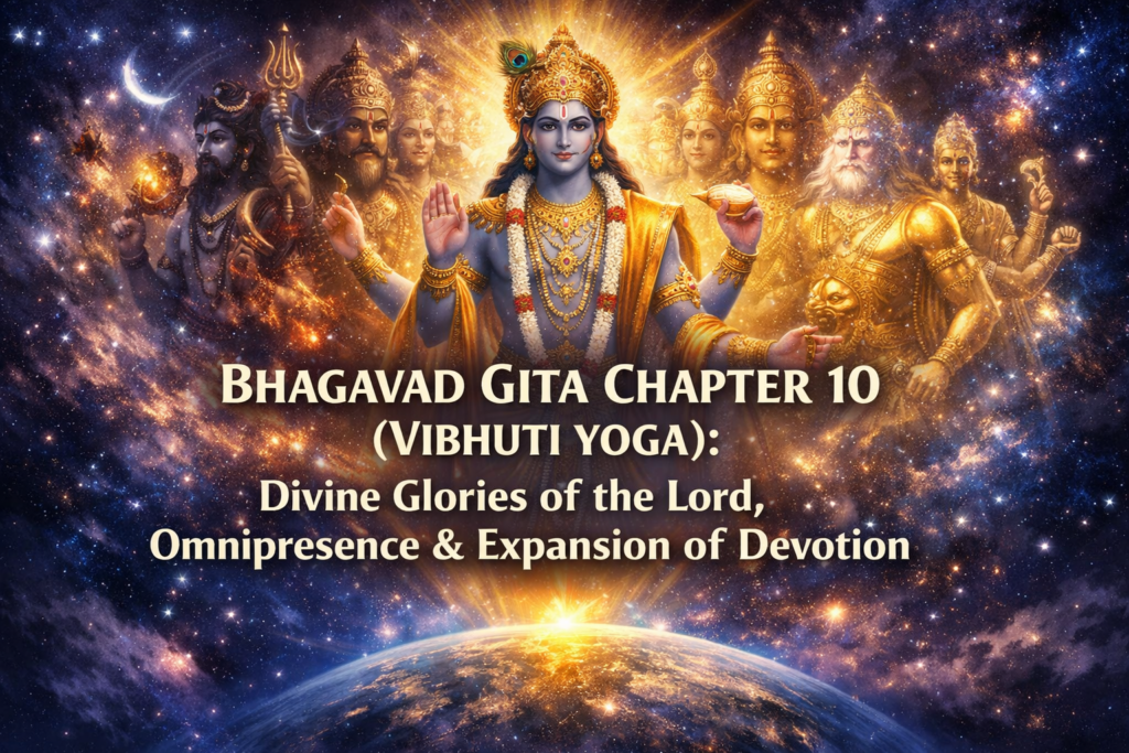 A digital illustration of Lord Krishna surrounded by Hindu deities with cosmic imagery, featuring text about Bhagavad Gita Chapter 10 and its themes.