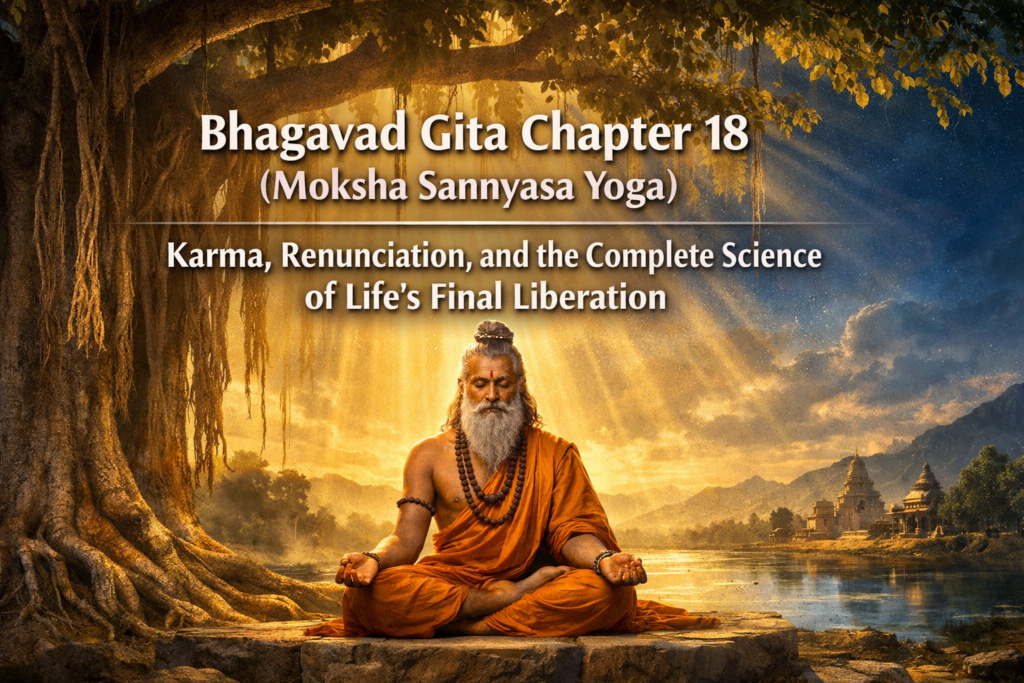 A sage in orange robes meditates under a large tree by a river at sunrise, with the text: "Bhagavad Gita Chapter 18 (Moksha Sannyasa Yoga): Karma, Renunciation, and Life’s Final Liberation.