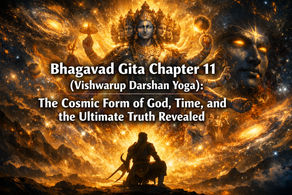 A warrior observes the many-armed cosmic form of a deity in a fiery, celestial scene with the text "Bhagavad Gita Chapter 11: The Cosmic Form of God, Time, and the Ultimate Truth Revealed.