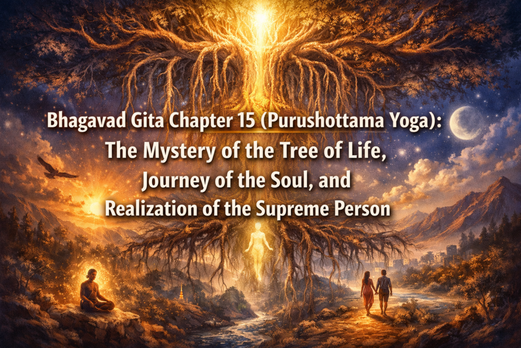 A mystical tree of life glows at the center, with people sitting and walking below, set in a vibrant, dreamlike landscape under sun and moon. Text explains Bhagavad Gita Chapter 15 themes.