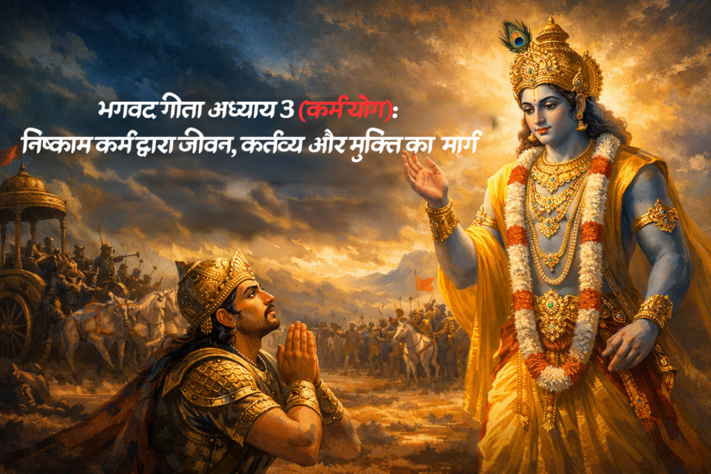 An illustrated scene from the Mahabharata shows Krishna guiding Arjuna, with Hindi text about Chapter 3 of the Bhagavad Gita (Karma Yoga) discussing duty and liberation through selfless action.