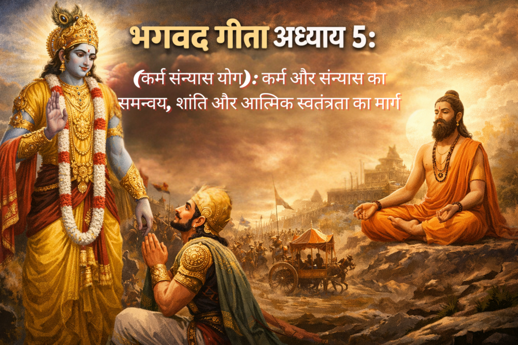 Illustration of Lord Krishna speaking to Arjuna on a battlefield, with a sage meditating nearby, and Hindi text describing Bhagavad Gita Chapter 5.