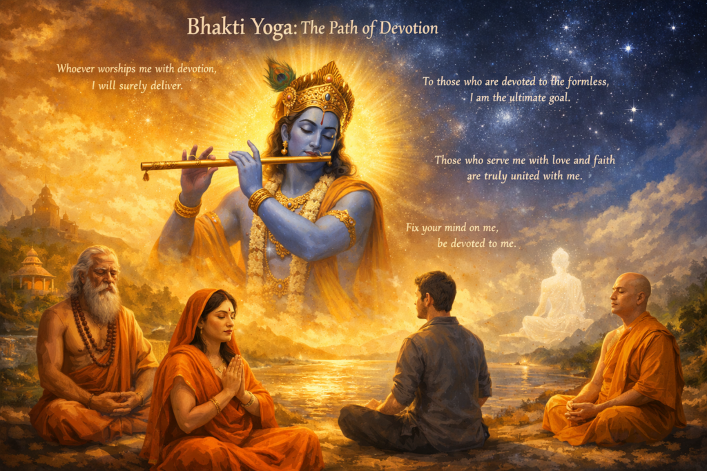 A serene scene of devotees meditating around Lord Krishna, who plays a flute, with quotes about devotion in the background and spiritual figures seated by a river at sunset.