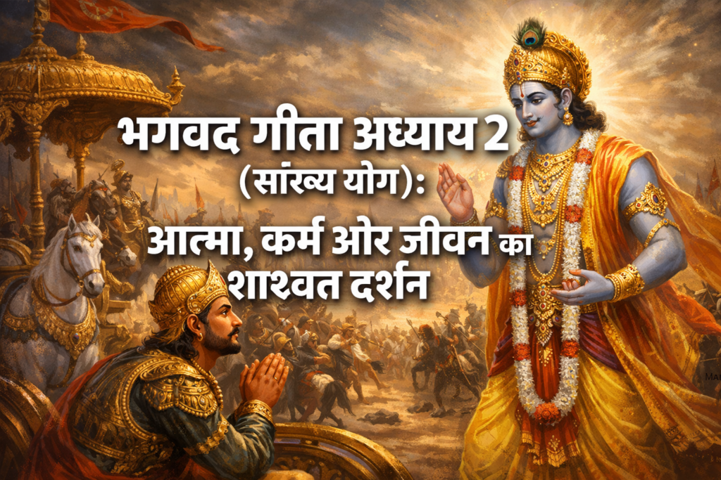 Illustration of Krishna and Arjuna on a battlefield with Hindi text about Bhagavad Gita Chapter 2, discussing soul, karma, and life’s eternal view.