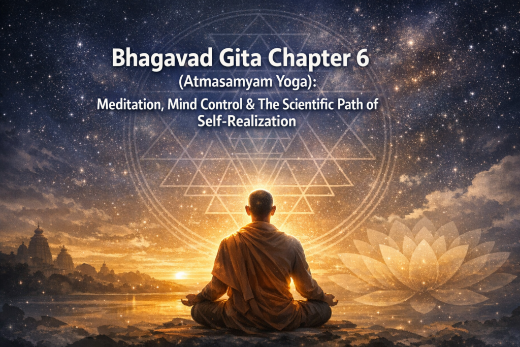 A person meditates at sunrise before a sacred geometric pattern, with text about Bhagavad Gita Chapter 6: Meditation, Mind Control, and Self-Realization.