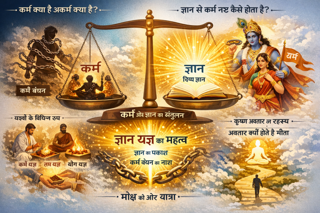 An illustrated comparison of karma, jnana, and yagna in Hinduism, featuring scales, deities, scriptures, rituals, and related Hindi text explanations.