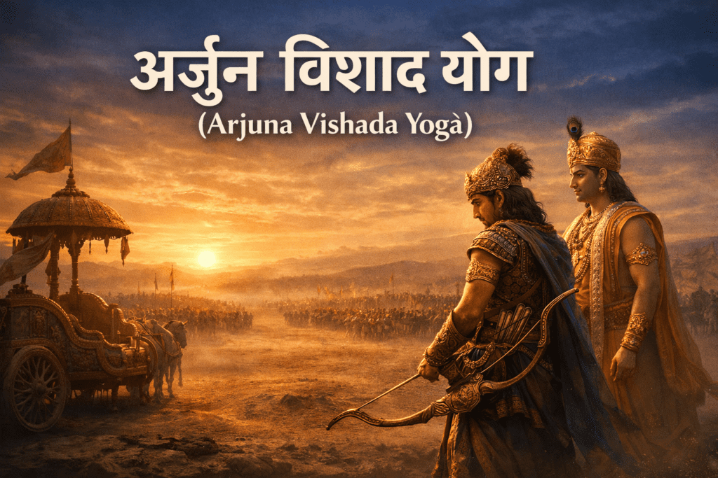 Two warriors in ancient armor stand beside a chariot at sunrise on a battlefield, with "Arjuna Vishada Yoga" written above in Hindi and English.