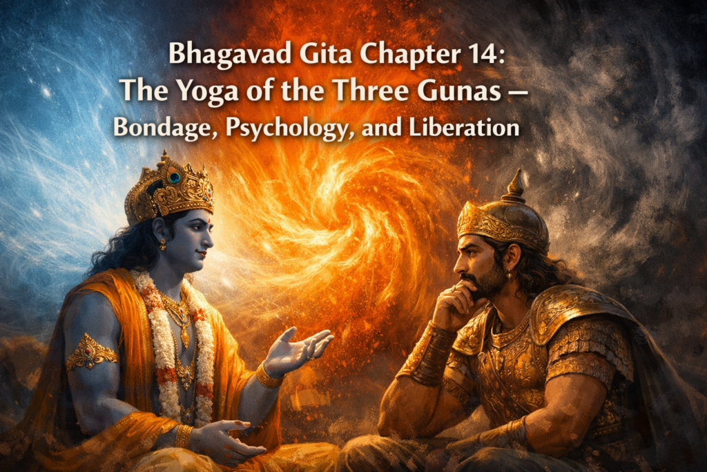 Two men in ancient Indian attire converse. One is blue-skinned with a crown, the other is armored. Fiery and cloudy blue backgrounds swirl behind them. Text about Bhagavad Gita Chapter 14 appears above.