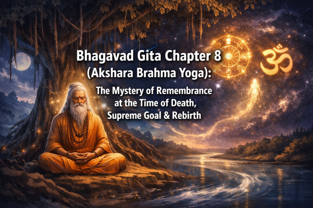 A serene sage meditates beneath a large tree by a river, with spiritual symbols and glowing light representing themes from Bhagavad Gita Chapter 8. Text about Akshara Brahma Yoga overlays the image.