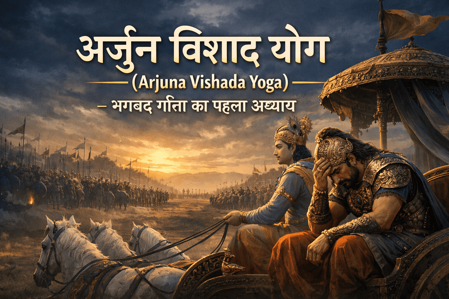 Illustration of Arjuna and Krishna on a chariot, with Arjuna distressed, on a battlefield; Hindi and English text about "Arjuna Vishada Yoga" and the first chapter of the Bhagavad Gita.