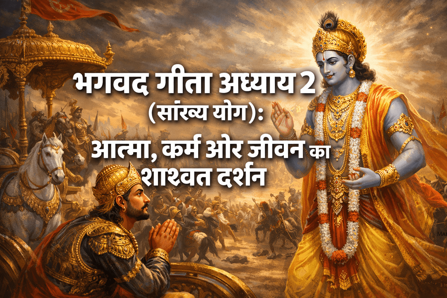 Painting depicting Lord Krishna giving a discourse to Arjuna in a battlefield, with Hindi text about Bhagavad Gita Chapter 2 on the soul, karma, and life philosophy.