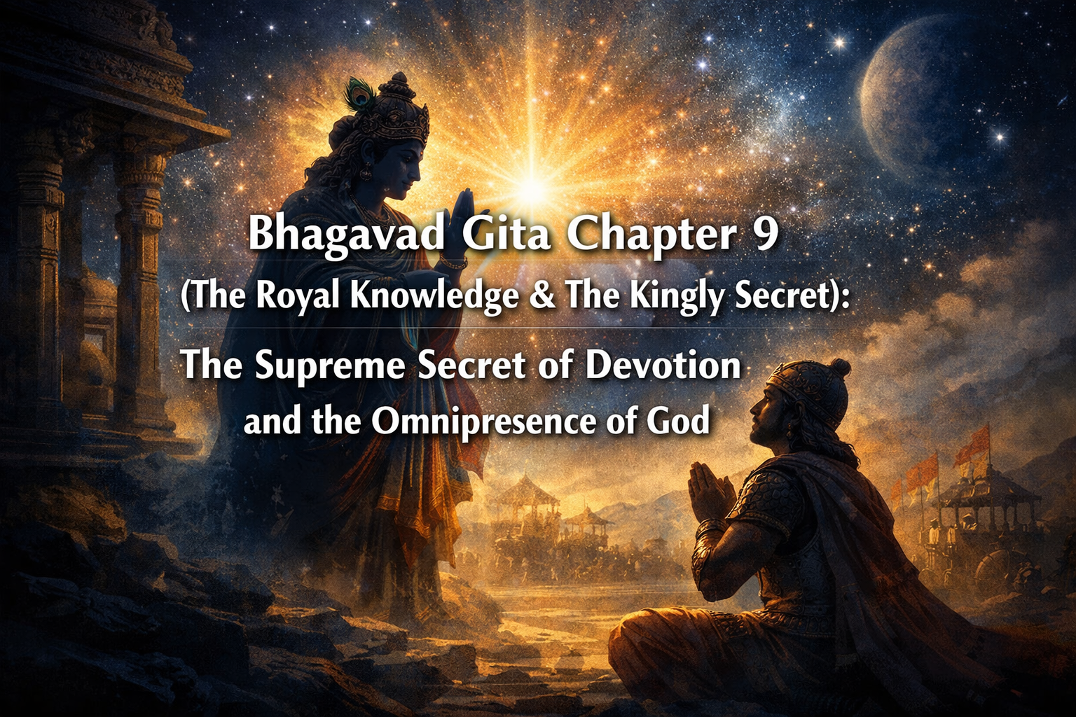 A divine figure imparts wisdom to a kneeling devotee at sunrise, with the text: "Bhagavad Gita Chapter 9: The Supreme Secret of Devotion and the Omnipresence of God.