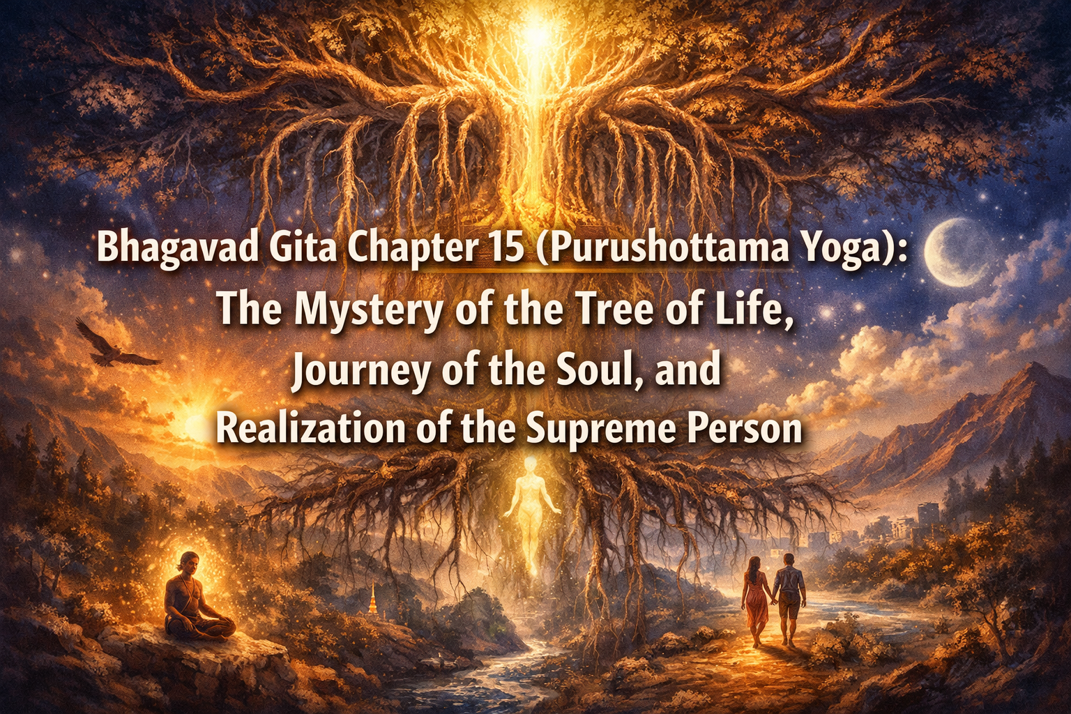 A radiant tree with glowing roots and branches stands between night and day, as people sit and walk below; text about Bhagavad Gita Chapter 15 overlays the scene.