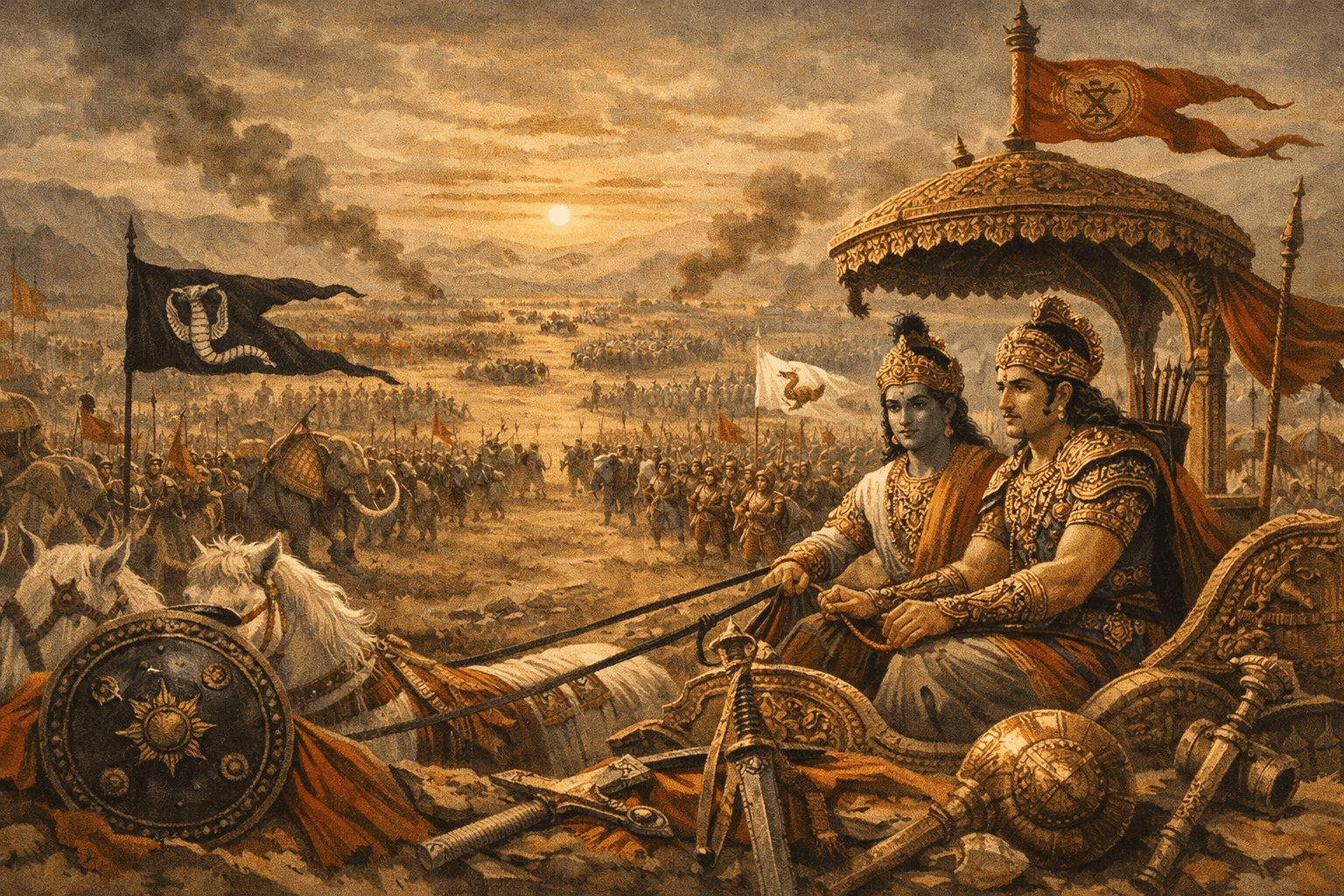 Two figures in ornate armor sit on a chariot, overlooking a battlefield with armies, flags, elephants, and a dramatic sky in the background.