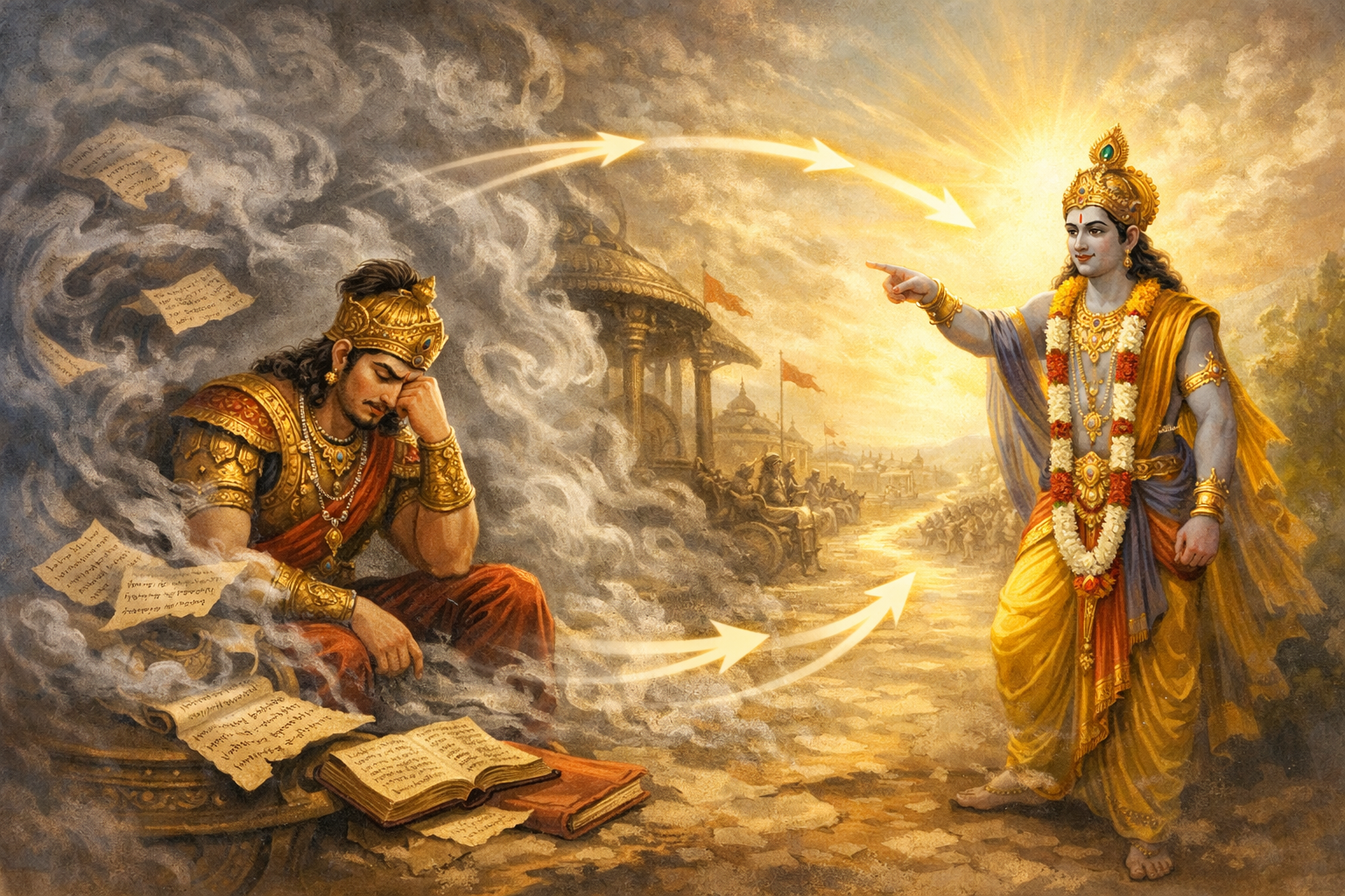 A thoughtful warrior sits beside ancient texts as a divine figure gestures toward him, surrounded by arrows symbolizing guidance or communication in a classical setting.