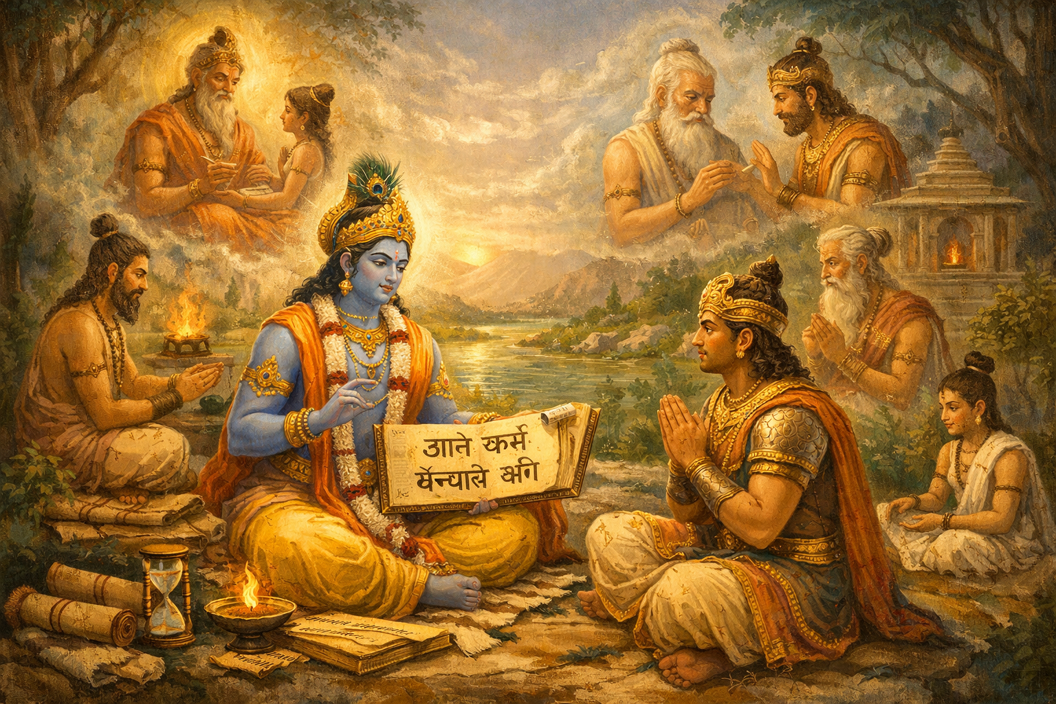 A painting depicts Lord Krishna teaching Arjuna, surrounded by sages and deities, with a book titled "ज्ञान कर्मं ज्यायाचे छी" in Hindi, set in a serene natural landscape.