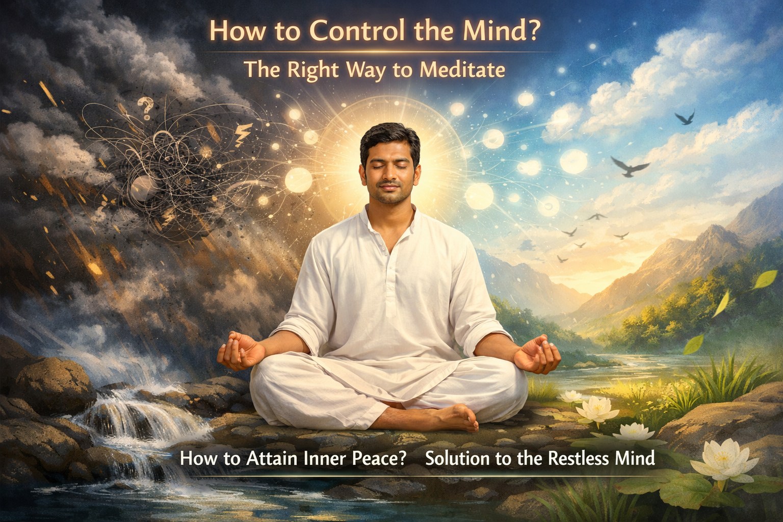 A man in white sits cross-legged and meditates by a river, with a glowing aura and contrasting chaotic and peaceful backgrounds. Text about controlling and calming the mind overlays the image.