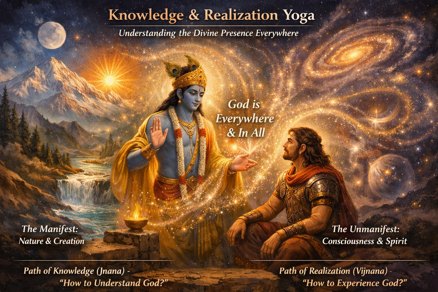 A deity with blue skin stands before a seated man amid cosmic light, symbolizing knowledge and realization in yoga; text highlights paths to understanding and experiencing the divine.
