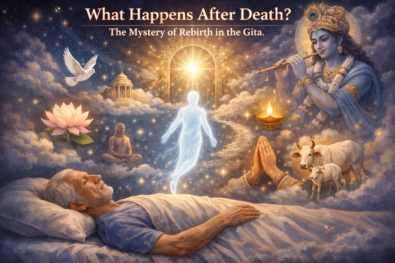 An elderly man lies in bed as his spirit ascends; Hindu symbols, including Krishna, cows, a lotus, and a temple, surround him, illustrating concepts of death and rebirth.