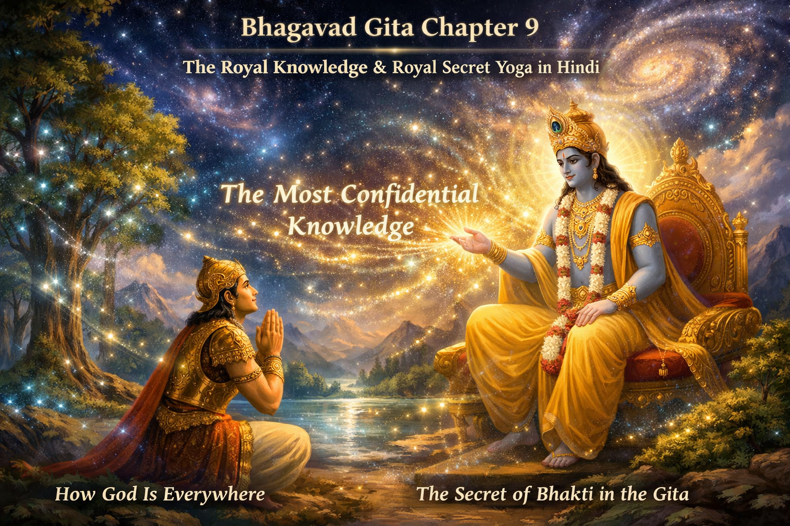 An artistic depiction of Krishna teaching Arjuna from the Bhagavad Gita, with golden text highlighting the chapter theme and spiritual concepts.