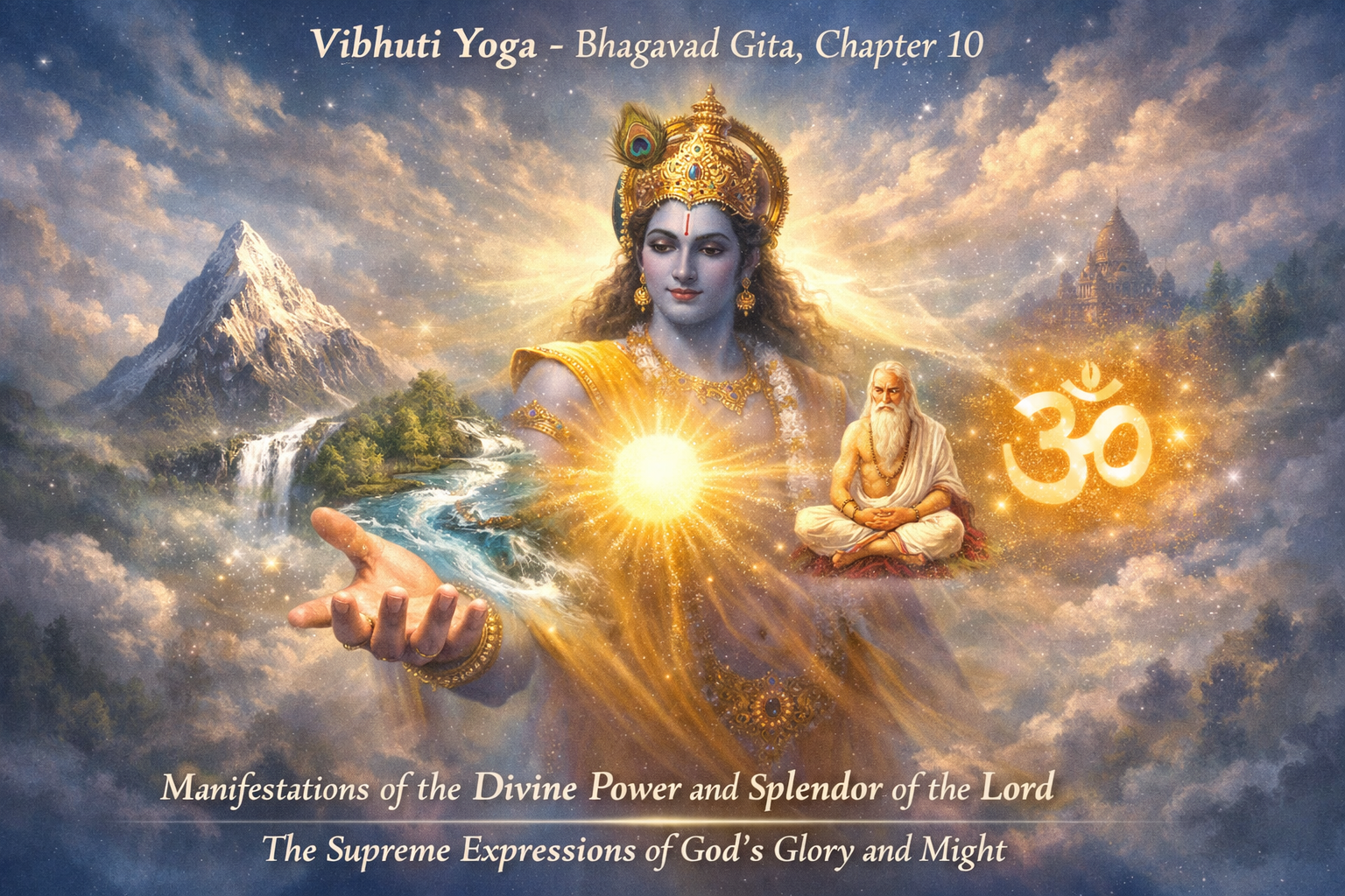 A divine figure with a golden crown and glowing aura holds light in one hand; an elderly sage sits nearby with mountains, a river, and the Om symbol in the background. Text references the Bhagavad Gita.