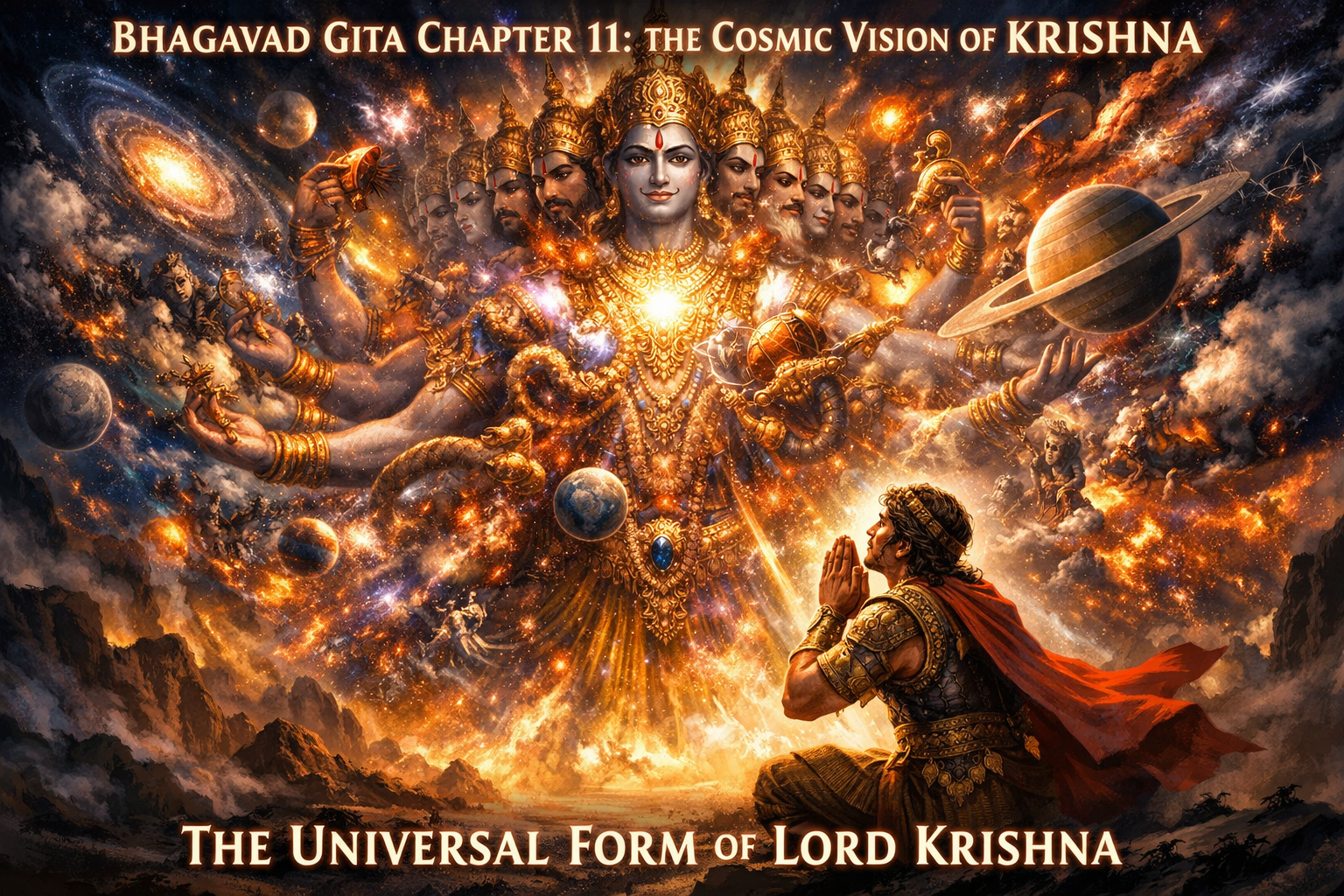 A warrior kneels before a many-armed, radiant deity surrounded by cosmic elements, with text about Bhagavad Gita Chapter 11 and the universal form of Lord Krishna.