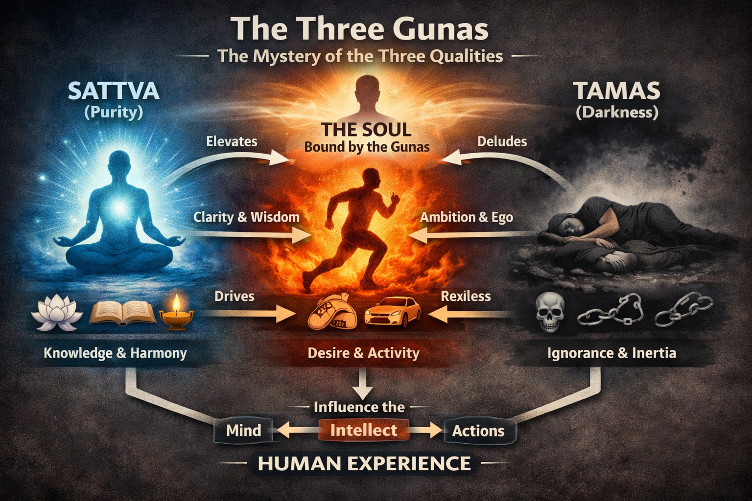 Infographic illustrating the three Gunas: Sattva (purity), Rajas (activity), and Tamas (darkness), and how they influence the mind, intellect, and actions in human experience.