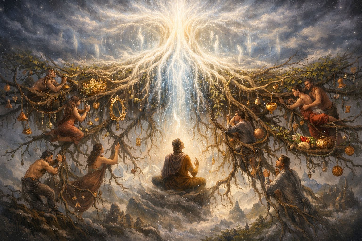 A person meditates beneath a radiant, tree-like formation with eight figures tending to branches bearing various objects, set against a cloudy, celestial background.