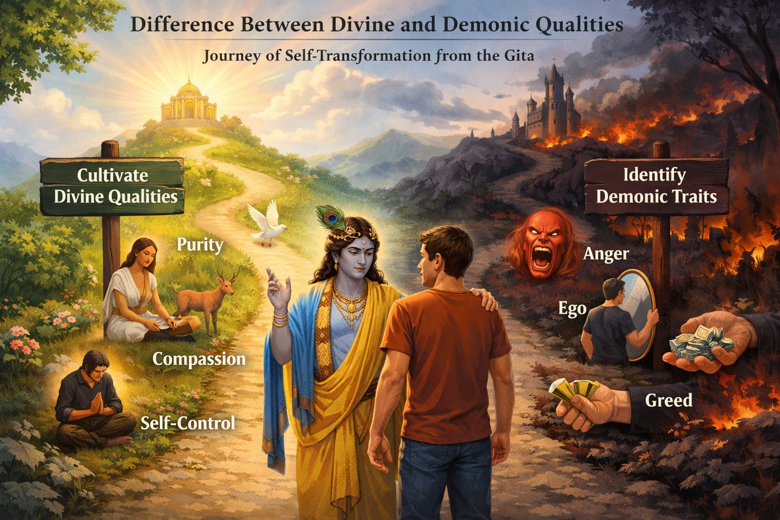 Illustration showing the difference between divine and demonic qualities, with paths labeled for purity, compassion, self-control, anger, ego, and greed, inspired by the Gita.