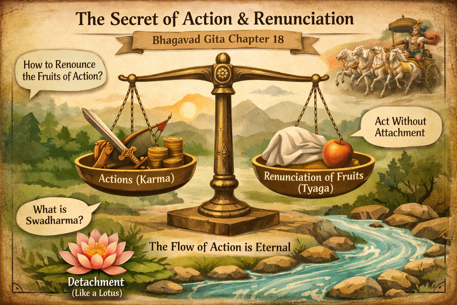 A balanced scale with weapons and coins on one side (actions) and a cloth with a fruit on the other (renunciation), illustrating concepts from Bhagavad Gita Chapter 18.