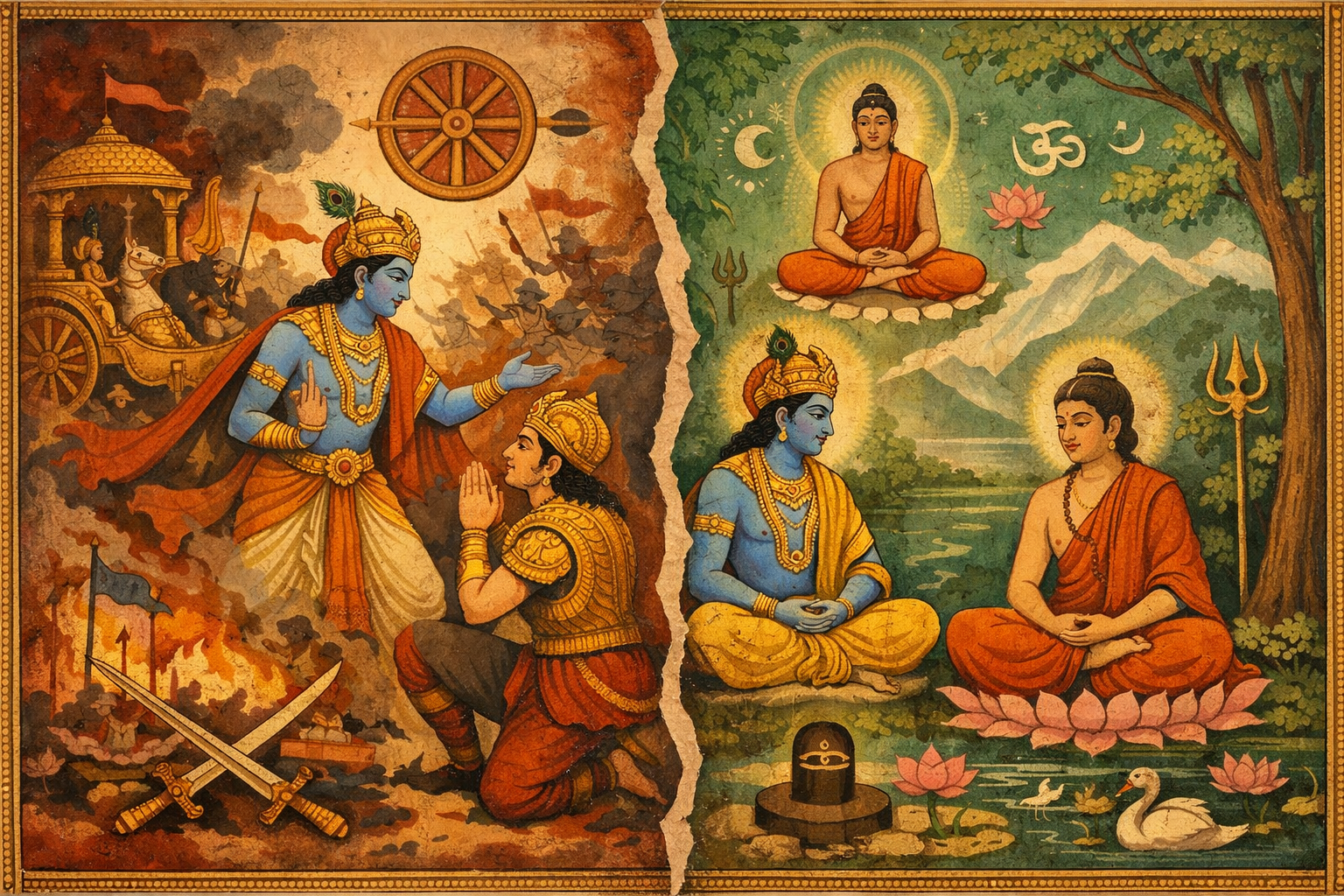 A split-image shows Krishna and Arjuna on a battlefield on the left, and Krishna and Buddha meditating in a peaceful nature scene on the right.