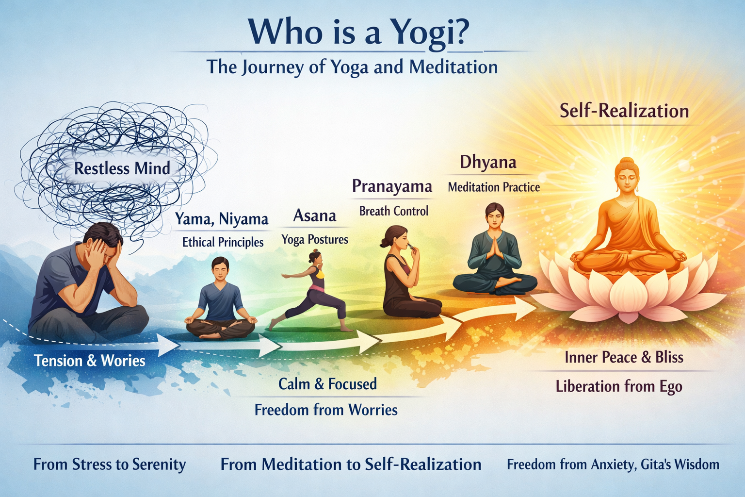 A visual diagram showing the journey of yoga and meditation from a restless mind to self-realization, illustrated with stages: stress, practice, calm, meditation, and enlightenment.