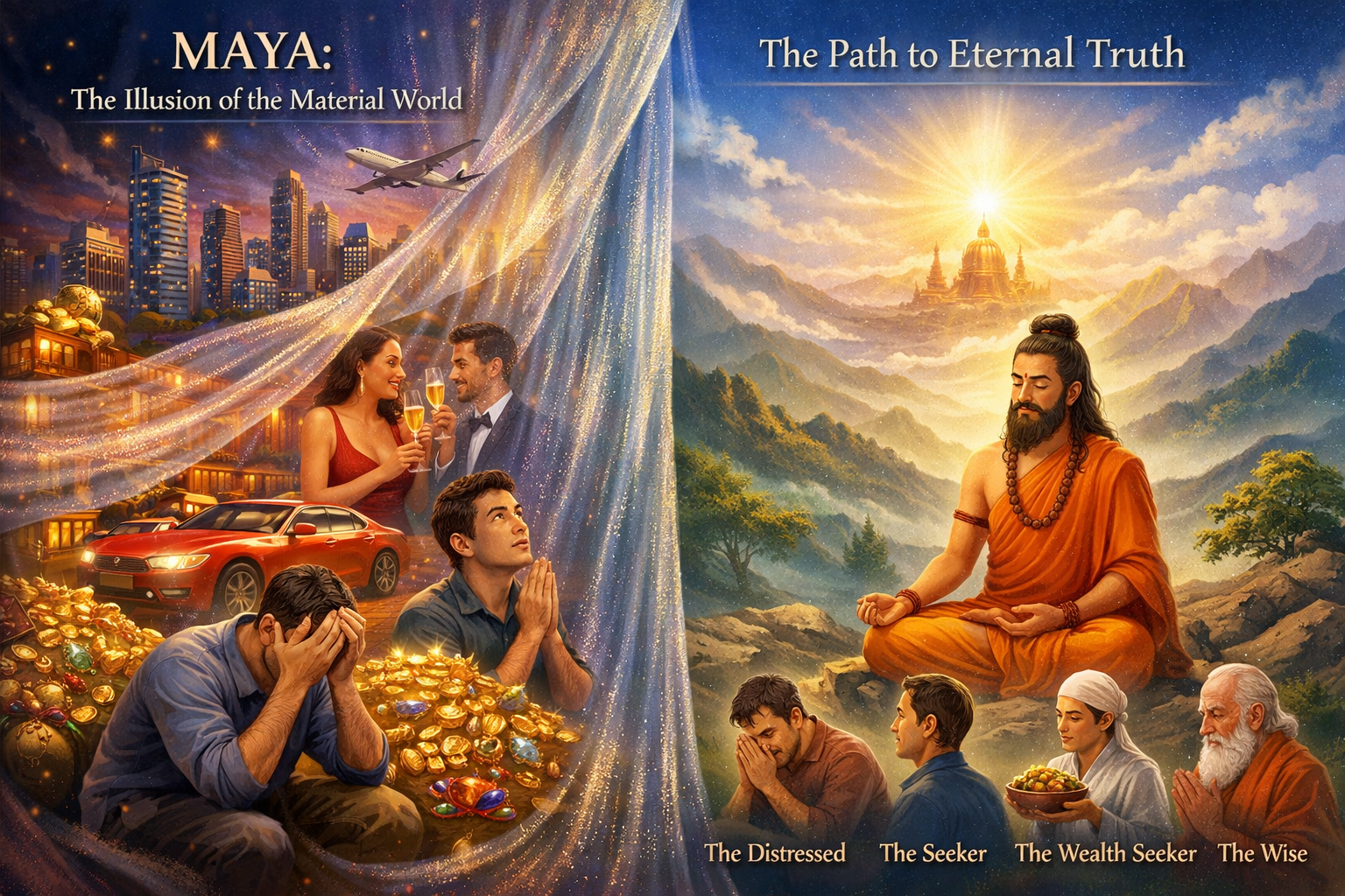 A split image contrasts material wealth and pleasure on the left with a serene sage meditating before followers on the right, symbolizing illusion versus spiritual truth.