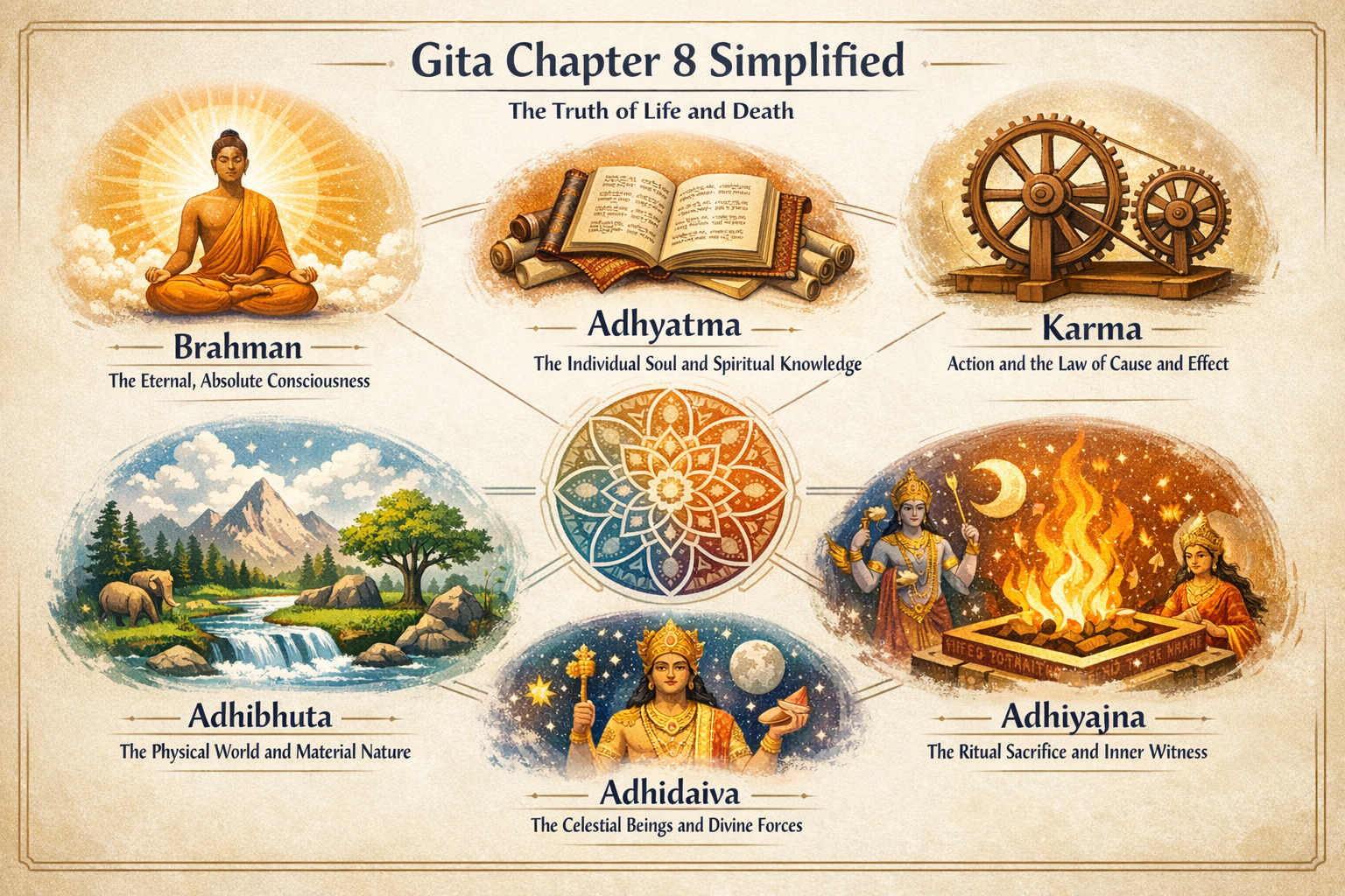 Infographic titled "Gita Chapter 8 Simplified" illustrating six concepts: Brahman, Adhyatma, Karma, Adhibhuta, Adhidaiva, and Adhiyajna with related images and brief descriptions.