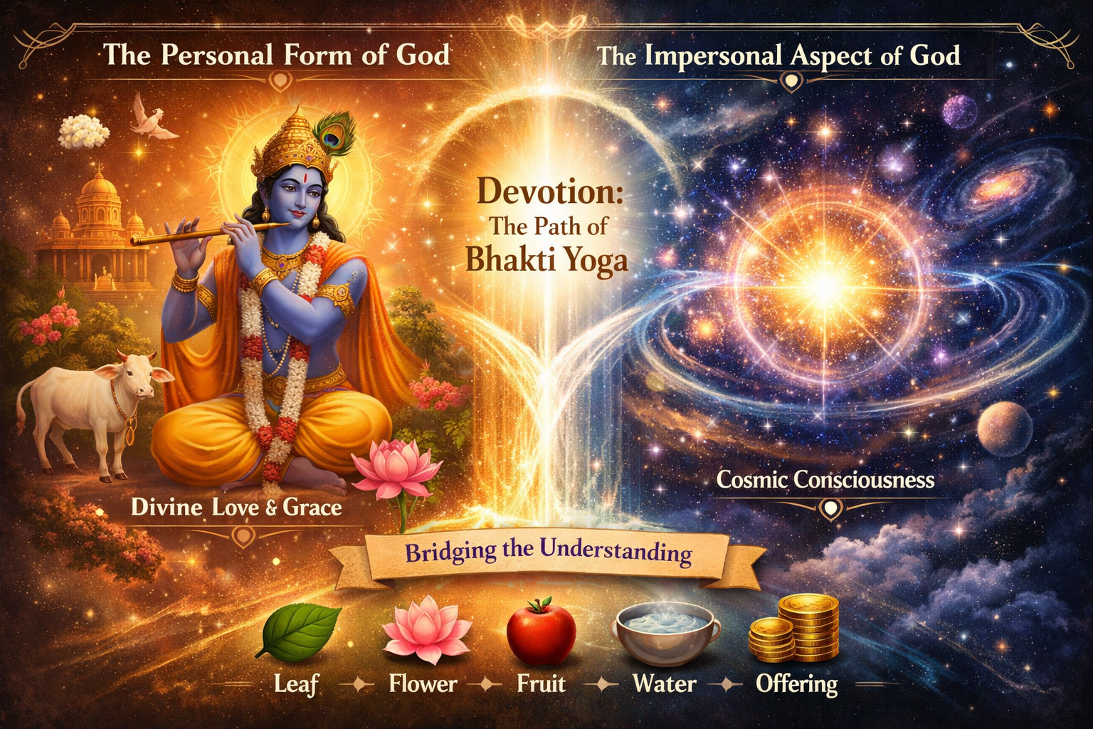 An illustration comparing the personal form of God with the impersonal aspect, highlighting Bhakti Yoga, with symbols for divine love, cosmic consciousness, and offerings.