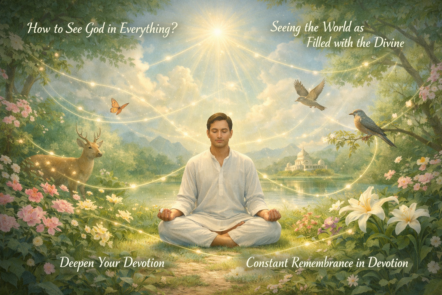 A man in white meditates outdoors, surrounded by nature, animals, flowers, and rays of light. Text on the image discusses seeing divinity in everything and deepening devotion.