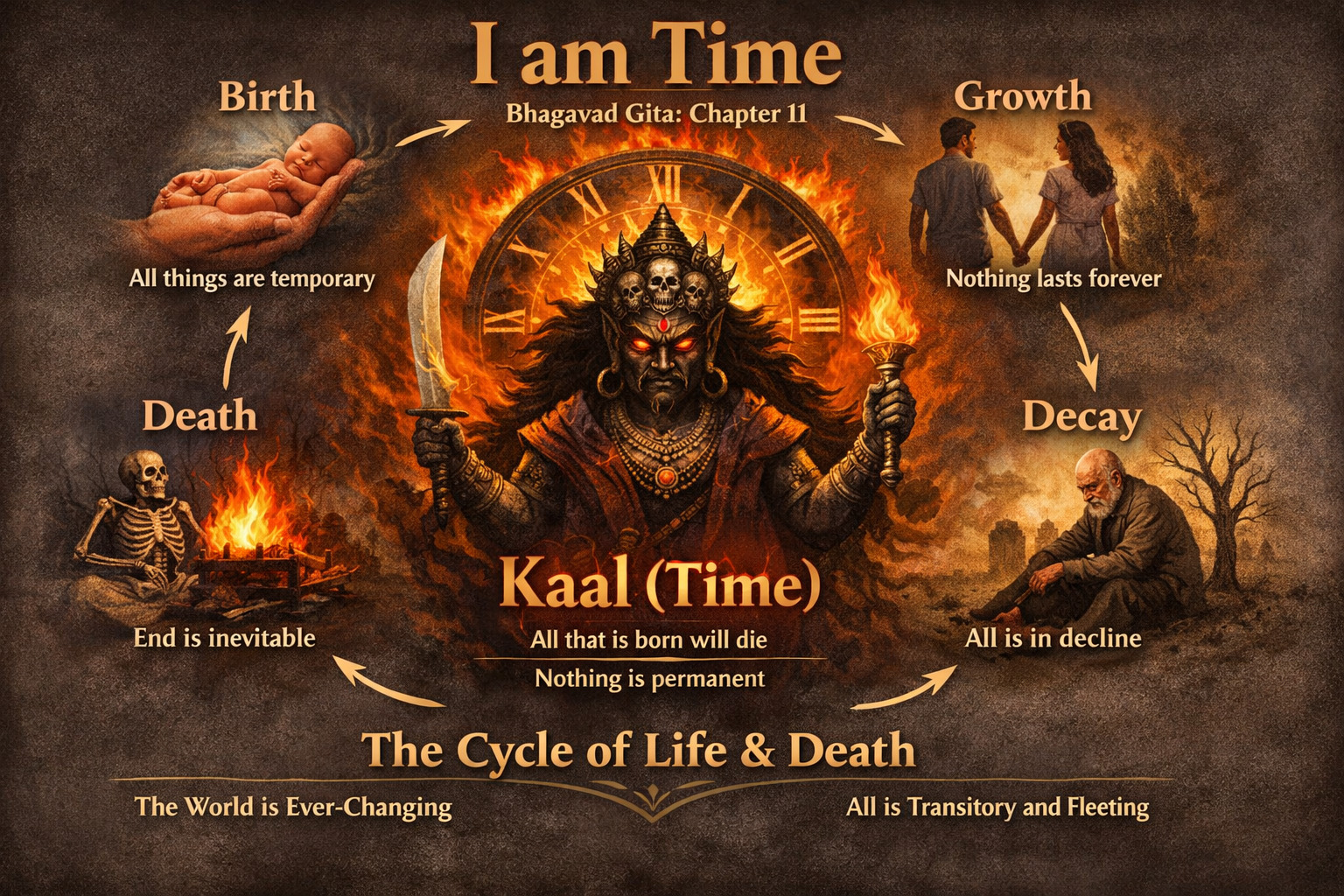 A diagram illustrates the cycle of life and death, showing birth, growth, decay, and death with a central depiction of Kaal (Time), quoting the Bhagavad Gita and emphasizing impermanence.