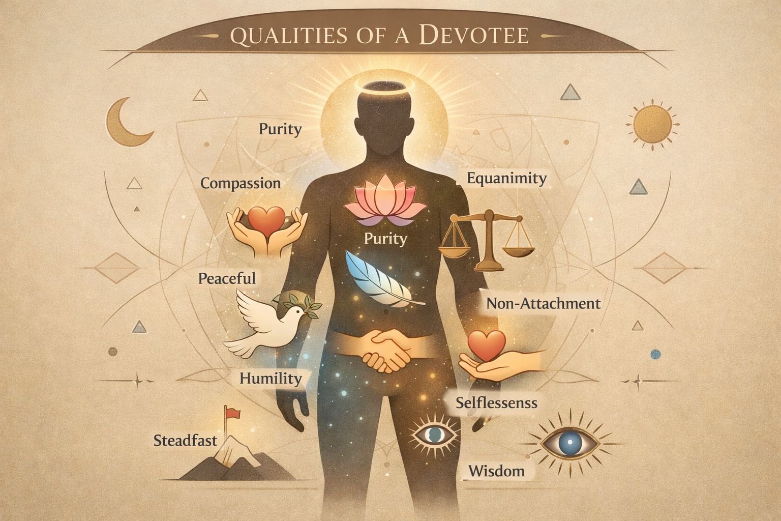 A diagram titled "Qualities of a Devotee" illustrates traits like purity, compassion, humility, steadfastness, equanimity, non-attachment, selflessness, and wisdom around a human figure.