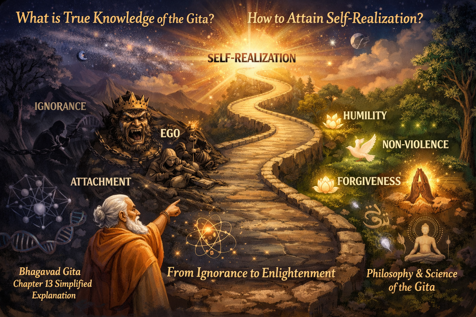 An illustrated path from ignorance, ego, and attachment toward self-realization, highlighted with humility, non-violence, and forgiveness, based on teachings from the Bhagavad Gita.