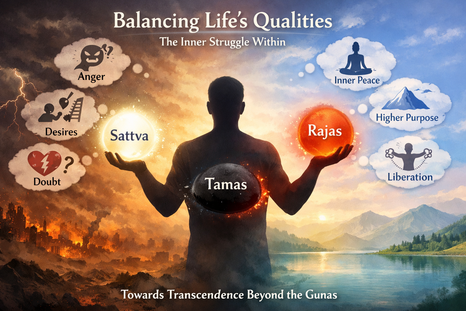A person stands between a dark, chaotic scene and a bright, serene landscape, symbolizing the balance of anger, desires, and doubt with inner peace, higher purpose, and liberation.