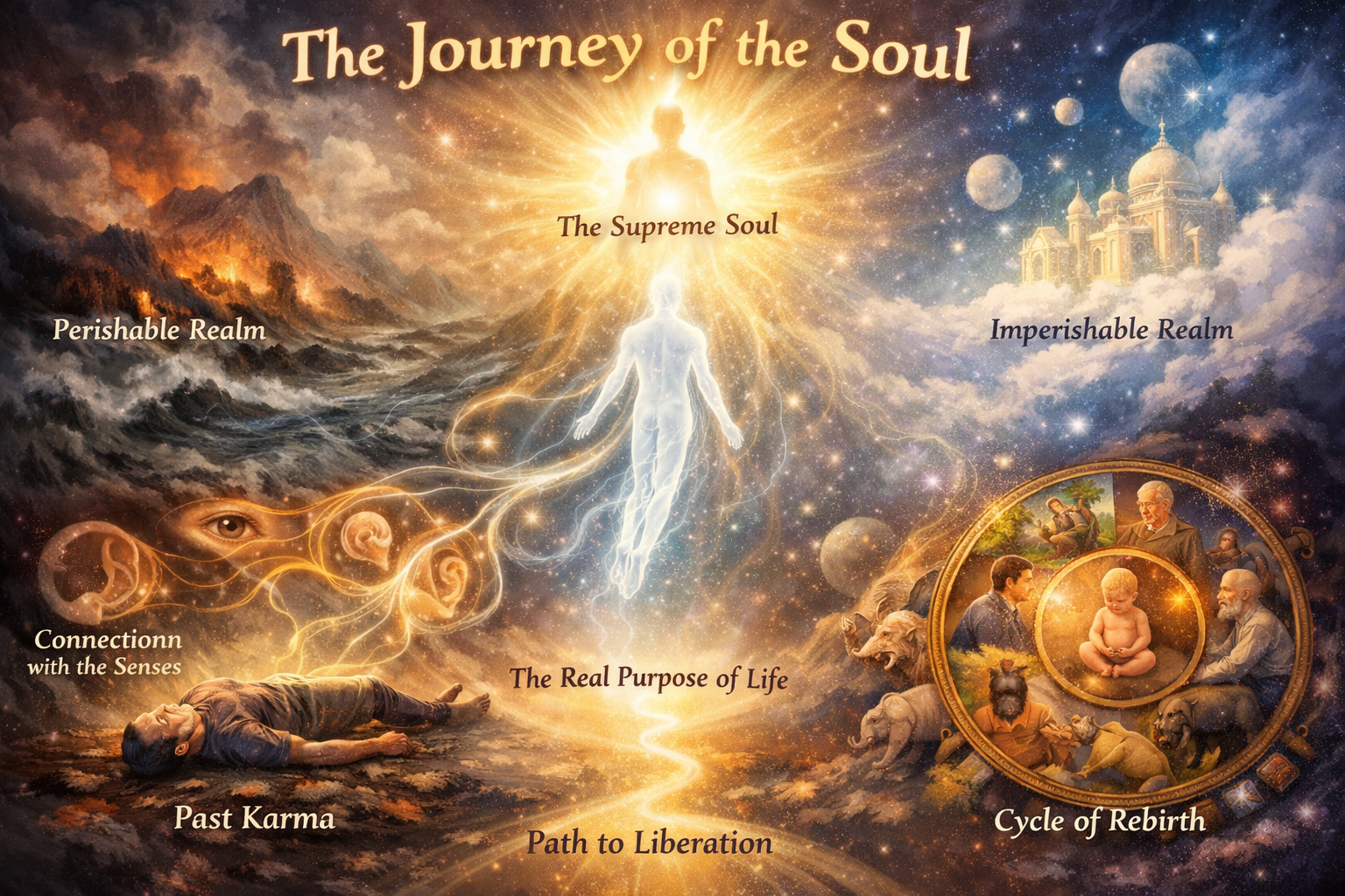 A diagram titled "The Journey of the Soul" depicts stages of the soul’s journey, including karma, rebirth, senses, liberation, and transition between perishable and imperishable realms.