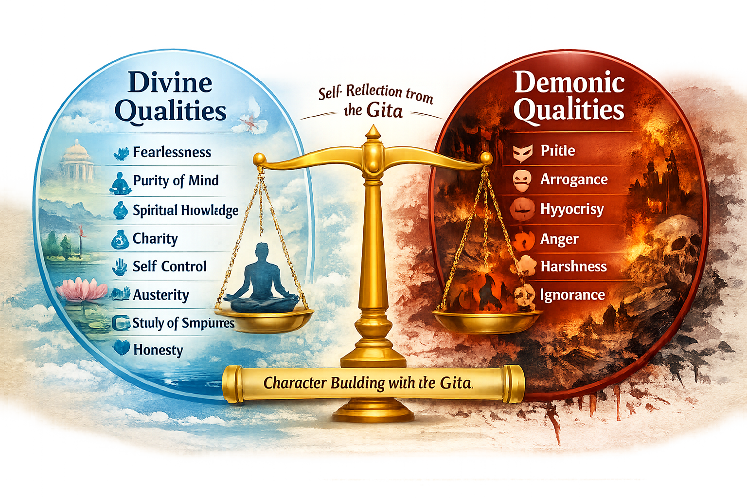 An infographic shows a gold scale balancing "Divine Qualities" and "Demonic Qualities" from the Gita, listing traits under each category for self-reflection and character building.