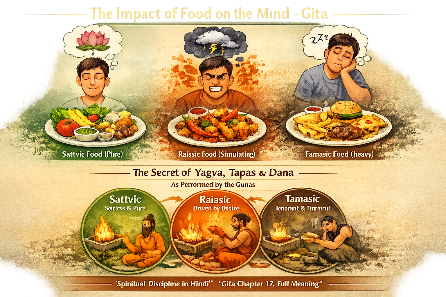 Illustration comparing sattvic, rajasic, and tamasic foods and their effects on the mind, with corresponding images of people, food plates, and symbolic ritual scenes.