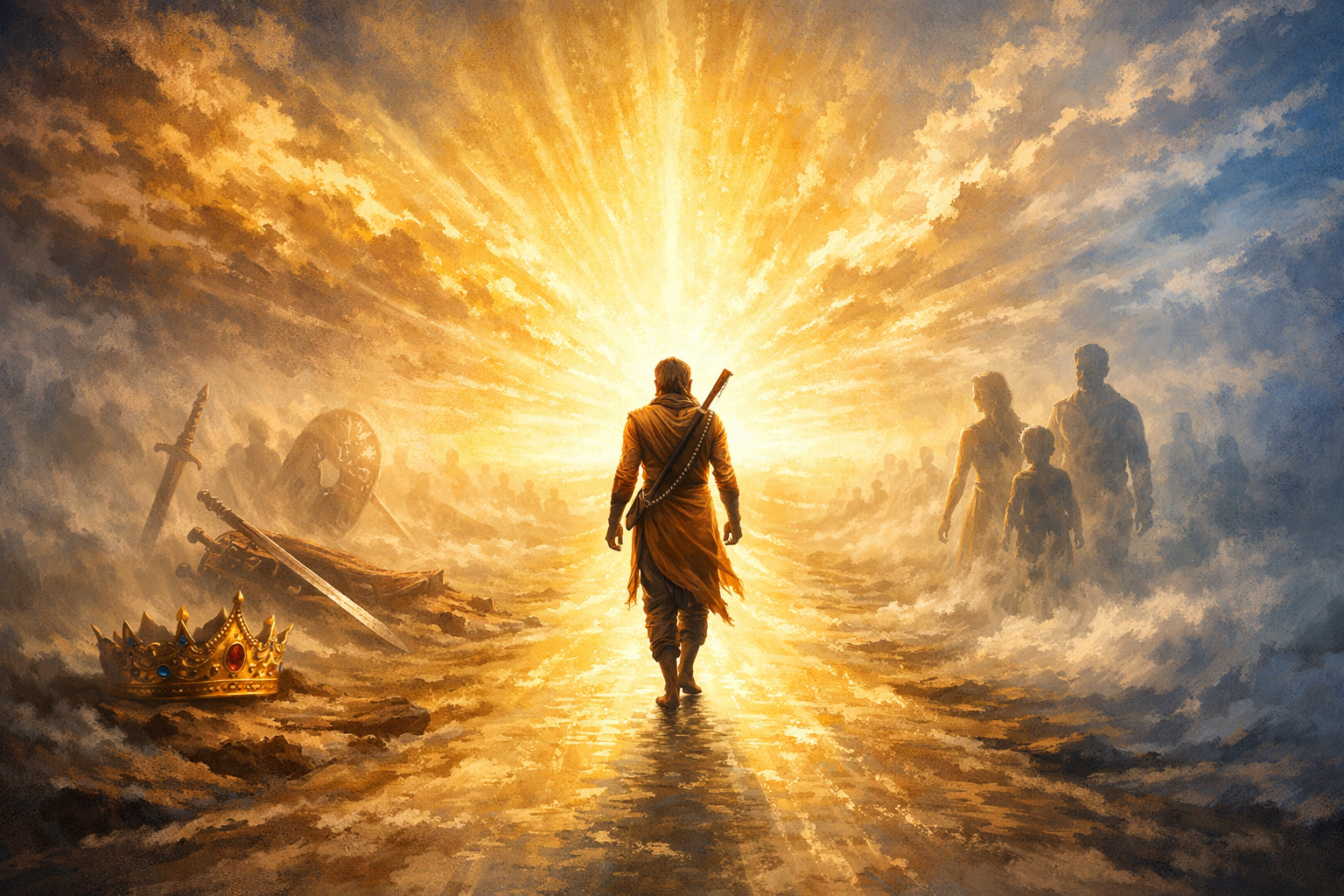 A person with a sword walks toward a bright light, surrounded by mist, with a crown, fallen sword, and shadowy figures on either side.