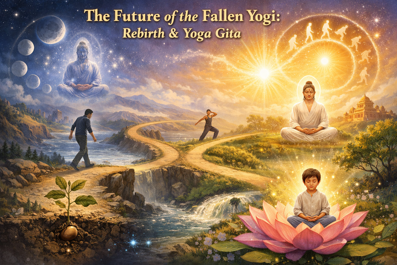 A spiritual-themed artwork shows meditation, rebirth, and growth, with figures meditating, a forked path, a growing plant, and cosmic and sun motifs, titled "The Future of the Fallen Yogi: Rebirth & Yoga Gita.