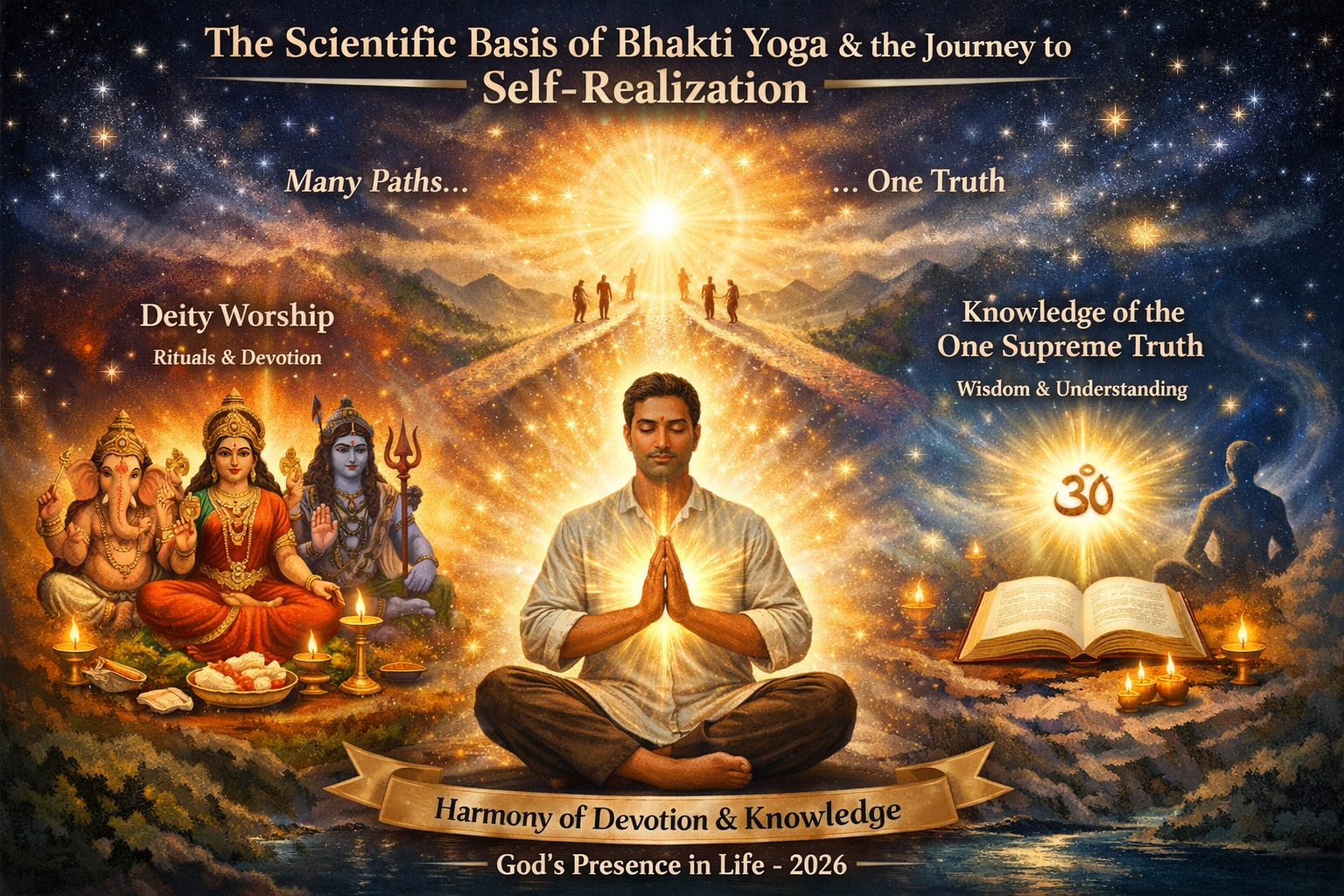 A man meditates between images representing deity worship and knowledge, with text about Bhakti Yoga, self-realization, and the harmony of devotion and knowledge.